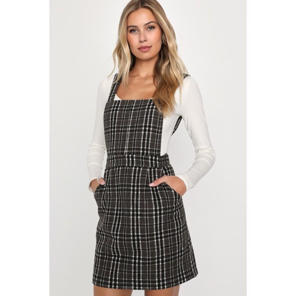 Lulus Plaid To Be Yours Black And White Plaid Pinafore Mini Dress Taupe